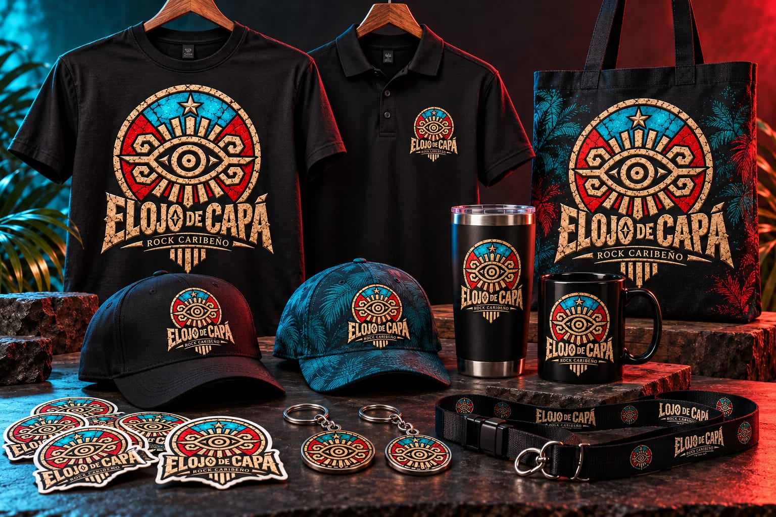 Colección conceptual de mercancía de El Ojo de Capá: camisetas, polo, gorras, tote, vaso térmico, taza, calcomanías, llaveros y lanyard con el logo original