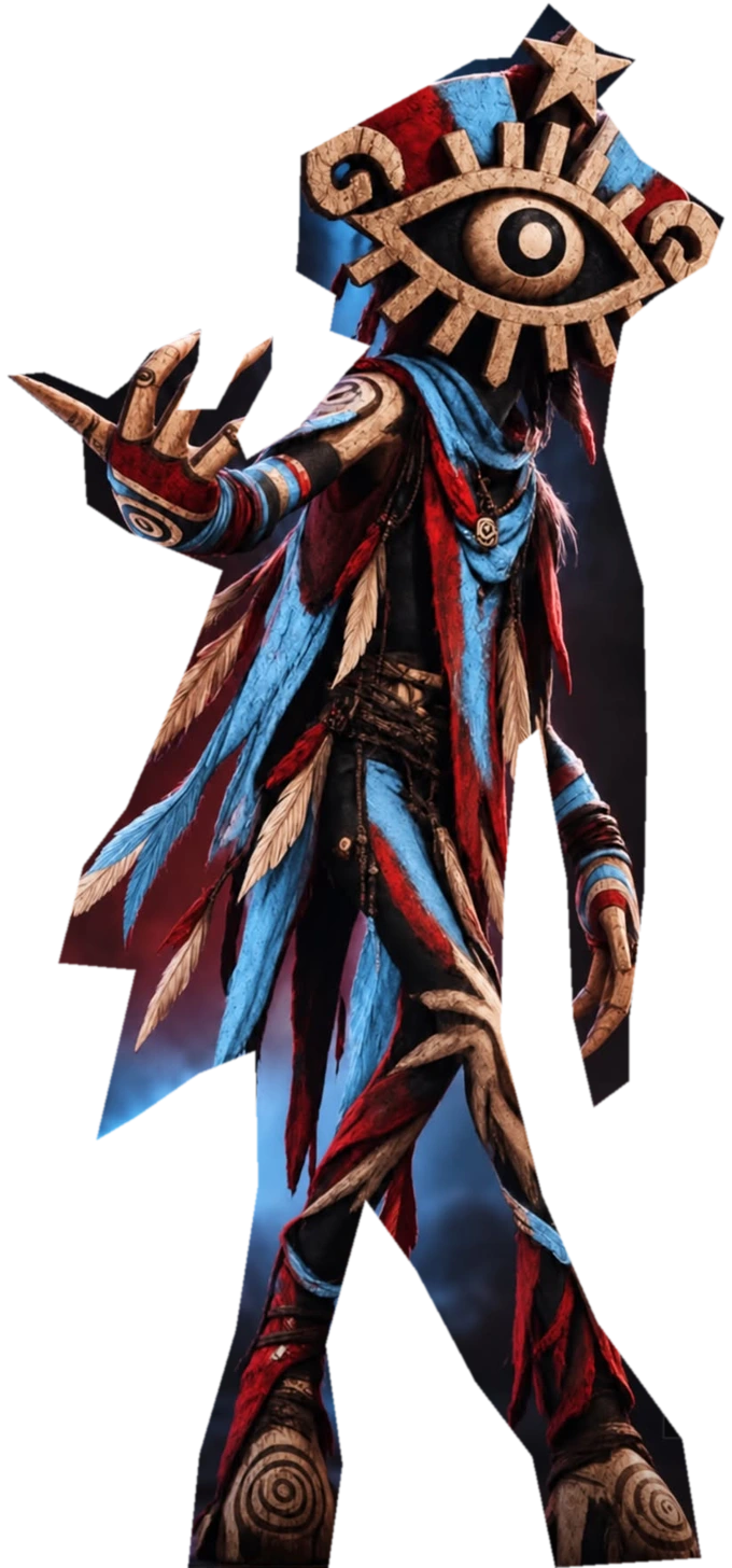 Personaje original de El Ojo de Capá, con el ojo de piedra y cintas rojas y azules
